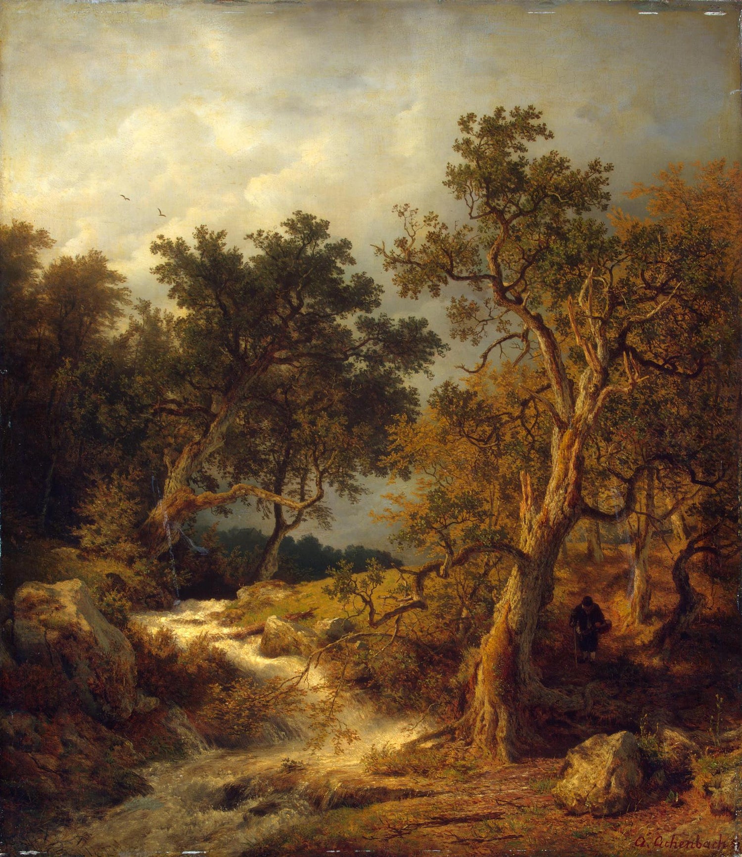 Hand-painted autumn forest stream with old trees landscape oil painting on canvas