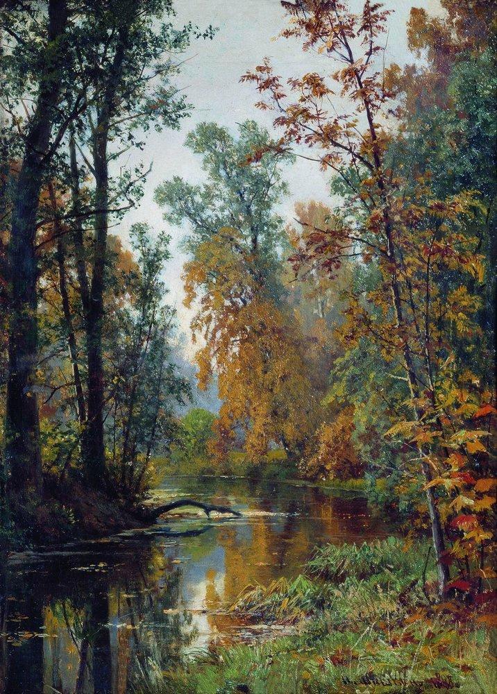 Hand-painted autumn forest stream with reflections landscape oil painting on canvas