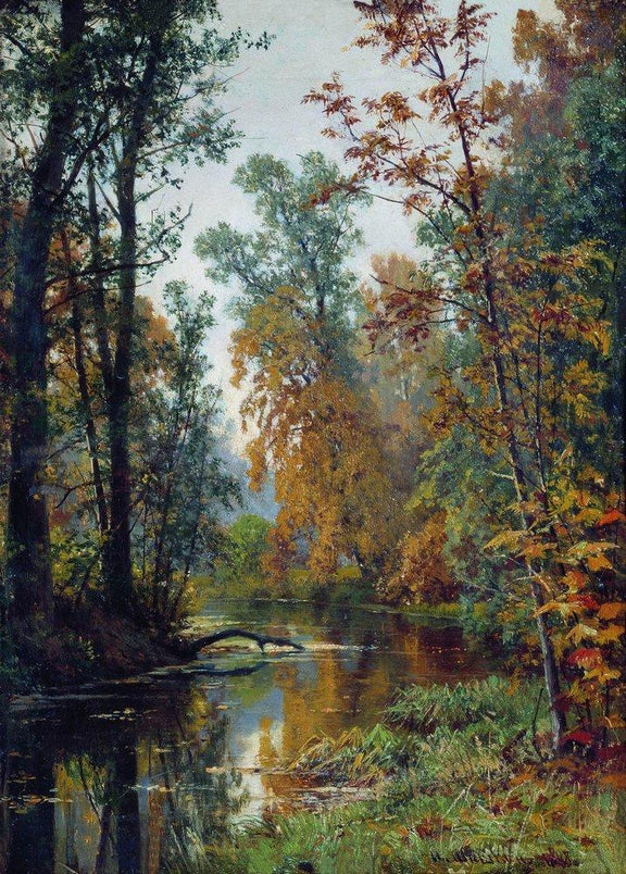 Hand-painted autumn forest stream with reflections landscape oil painting on canvas