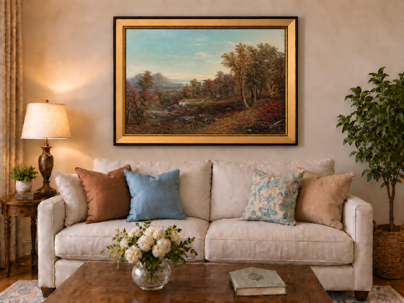 Hand-painted Autumn Forest Valley with Waterfall landscape oil painting displayed as wall art in a styled interior