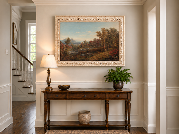Hand-painted Autumn Forest Valley with Waterfall landscape oil painting displayed as wall art in a styled interior