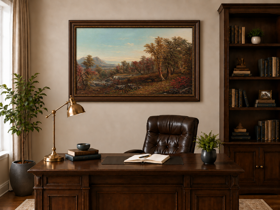 Hand-painted Autumn Forest Valley with Waterfall landscape oil painting displayed as wall art in a styled interior