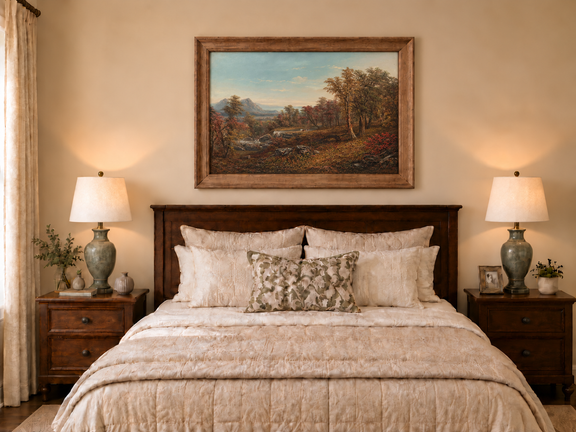 Hand-painted Autumn Forest Valley with Waterfall landscape oil painting displayed as wall art in a styled interior
