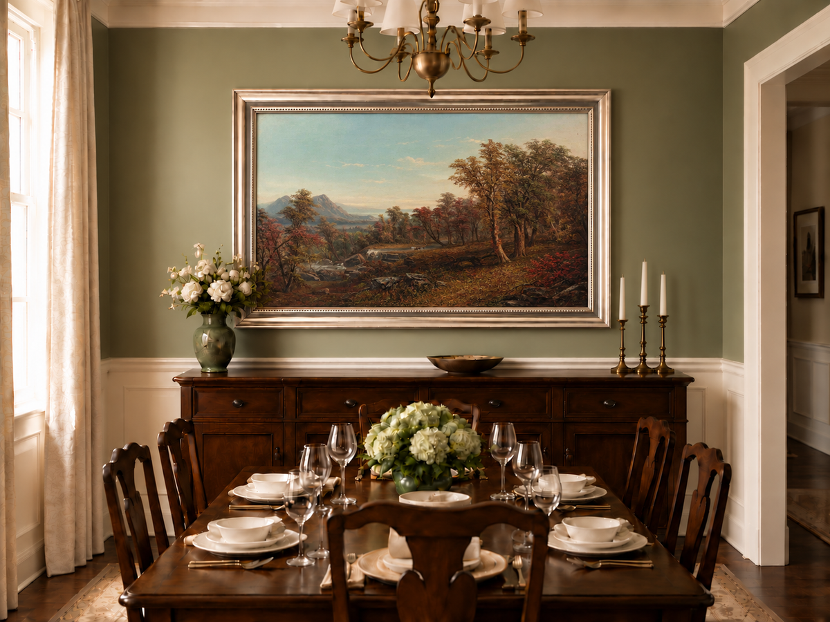 Hand-painted Autumn Forest Valley with Waterfall landscape oil painting displayed as wall art in a styled interior