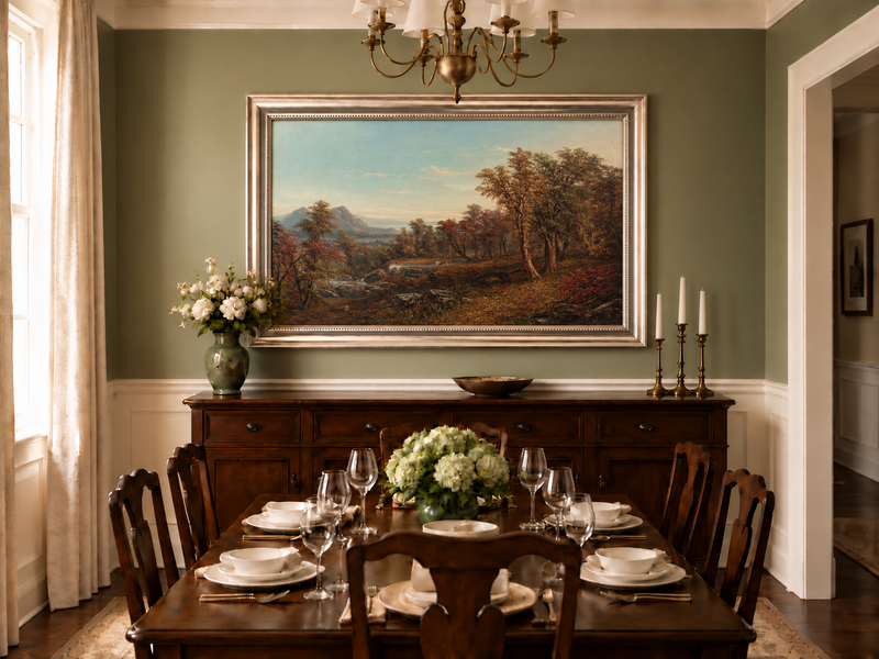Hand-painted Autumn Forest Valley with Waterfall landscape oil painting displayed as wall art in a styled interior