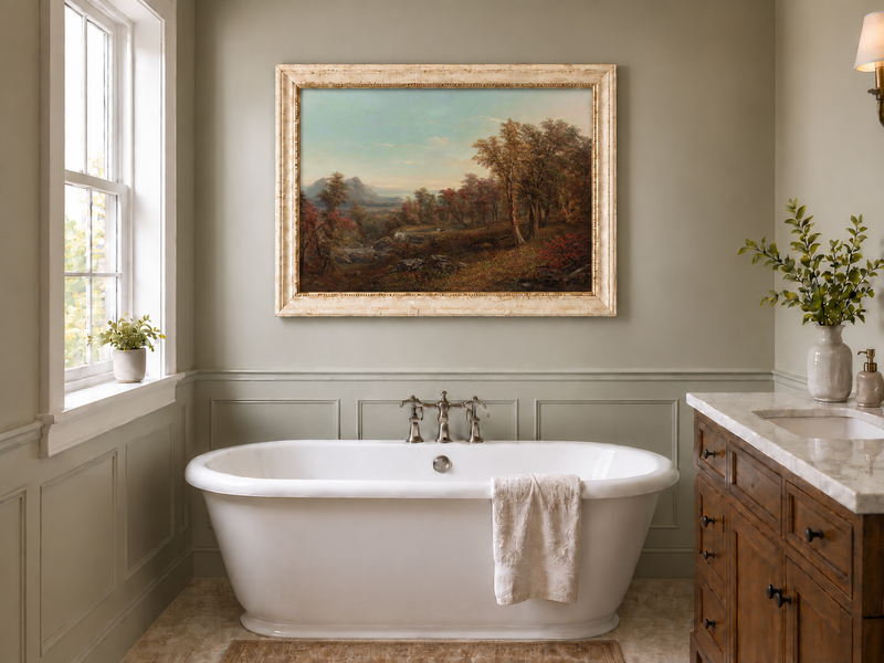 Hand-painted Autumn Forest Valley with Waterfall landscape oil painting displayed as wall art in a styled interior
