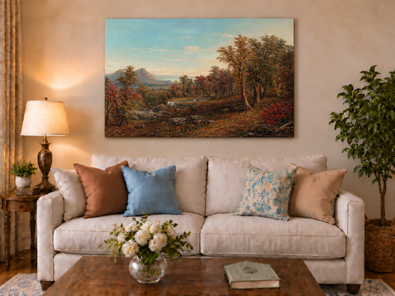 Hand-painted Autumn Forest Valley with Waterfall landscape oil painting displayed as wall art in a styled interior