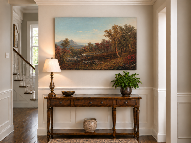 Hand-painted Autumn Forest Valley with Waterfall landscape oil painting displayed as wall art in a styled interior