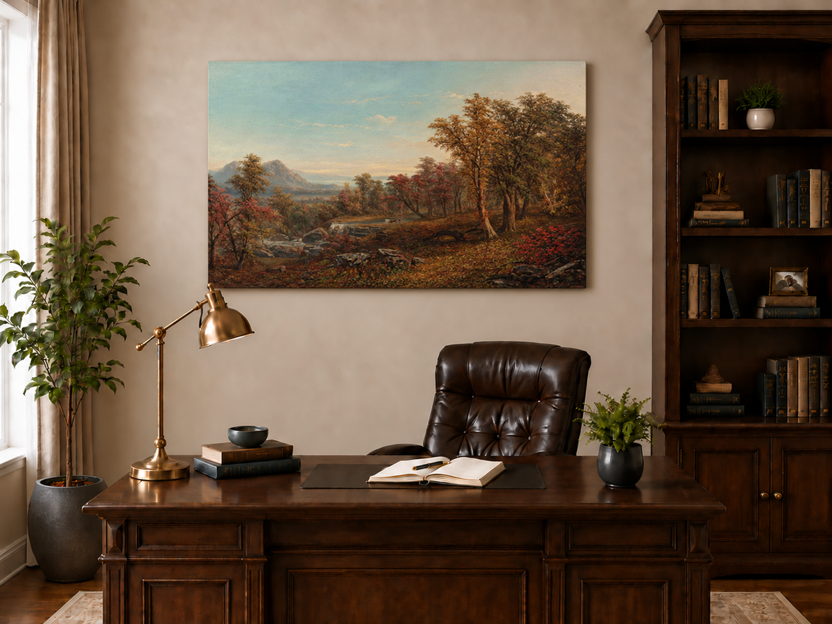 Hand-painted Autumn Forest Valley with Waterfall landscape oil painting displayed as wall art in a styled interior