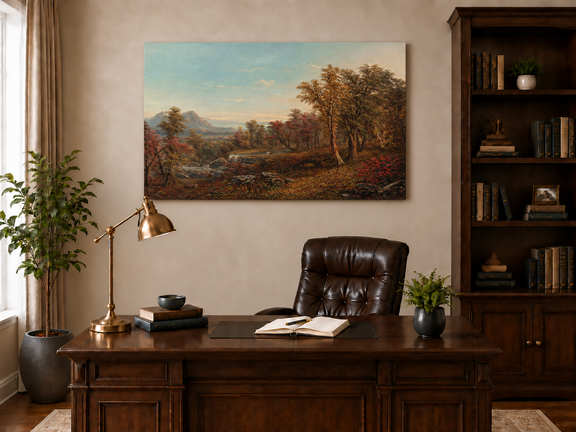 Hand-painted Autumn Forest Valley with Waterfall landscape oil painting displayed as wall art in a styled interior