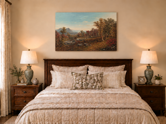 Hand-painted Autumn Forest Valley with Waterfall landscape oil painting displayed as wall art in a styled interior