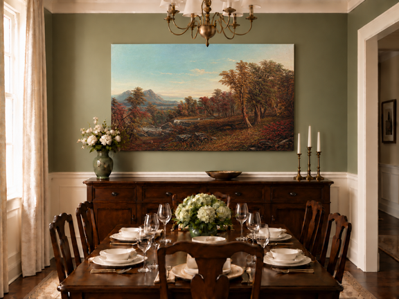 Hand-painted Autumn Forest Valley with Waterfall landscape oil painting displayed as wall art in a styled interior