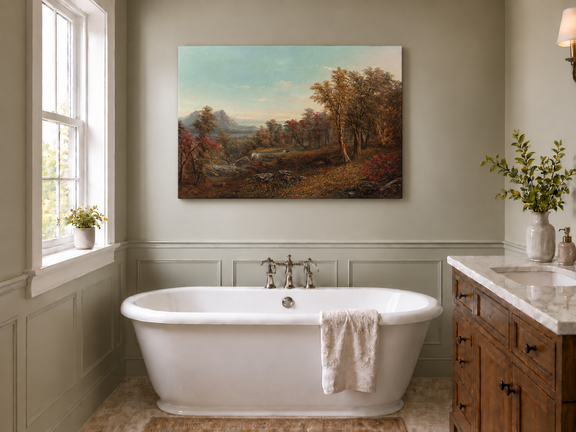 Hand-painted Autumn Forest Valley with Waterfall landscape oil painting displayed as wall art in a styled interior