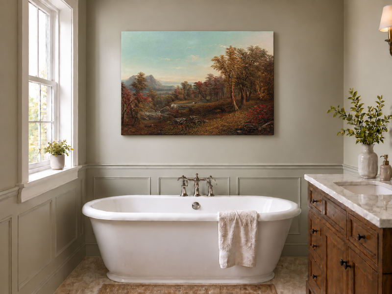 Hand-painted Autumn Forest Valley with Waterfall landscape oil painting displayed as wall art in a styled interior