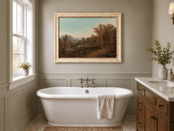 Hand-painted Autumn Forest Valley with Waterfall landscape oil painting displayed as wall art in a styled interior