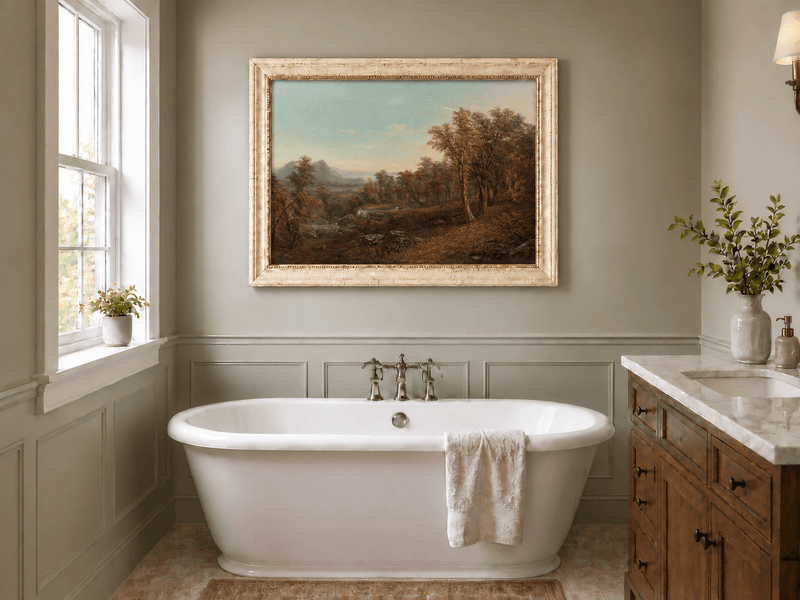 Hand-painted Autumn Forest Valley with Waterfall landscape oil painting displayed as wall art in a styled interior
