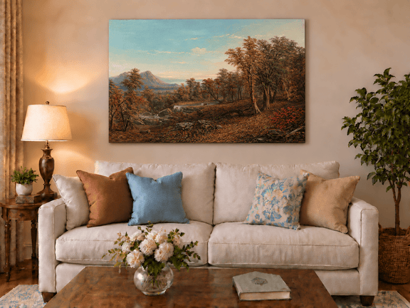 Hand-painted Autumn Forest Valley with Waterfall landscape oil painting displayed as wall art in a styled interior