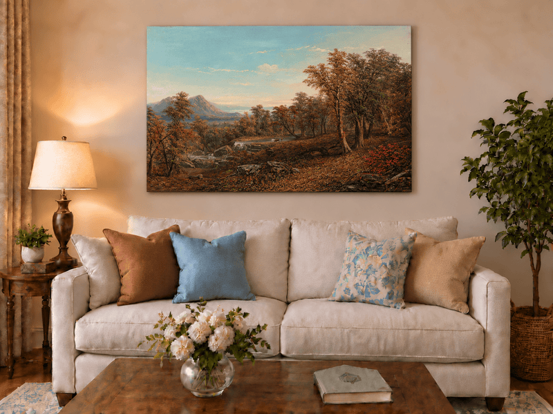 Hand-painted Autumn Forest Valley with Waterfall landscape oil painting displayed as wall art in a styled interior