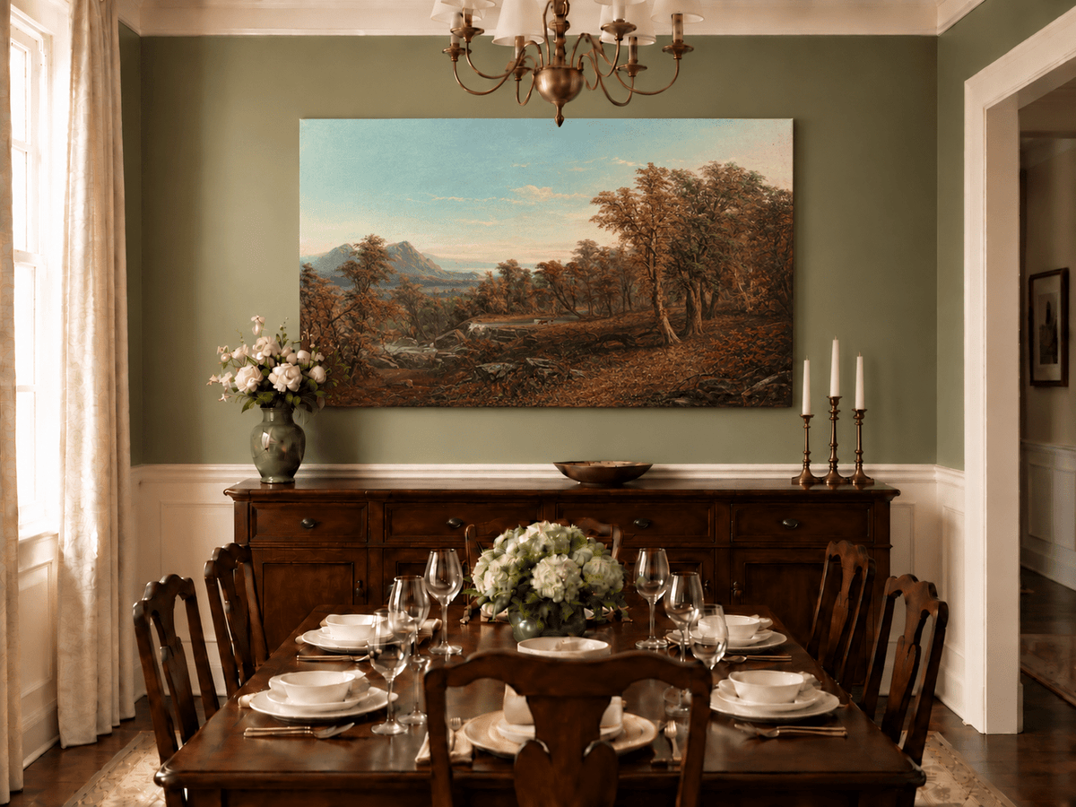 Hand-painted Autumn Forest Valley with Waterfall landscape oil painting displayed as wall art in a styled interior