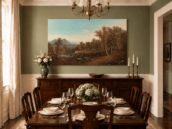 Hand-painted Autumn Forest Valley with Waterfall landscape oil painting displayed as wall art in a styled interior