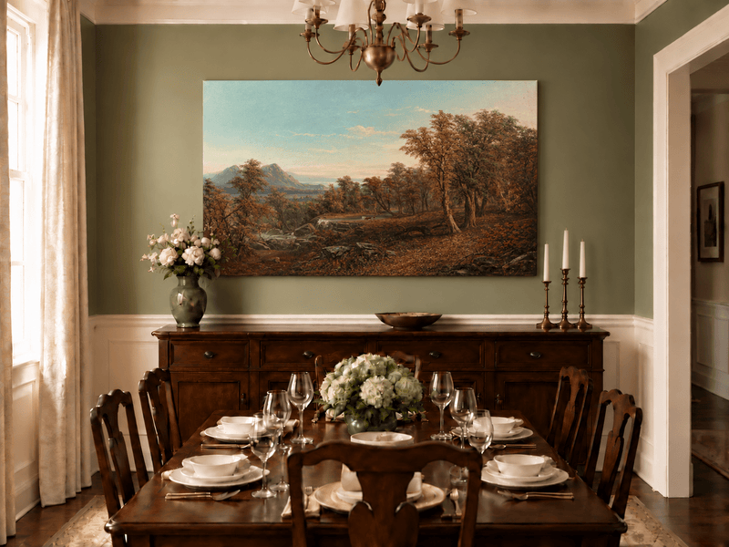 Hand-painted Autumn Forest Valley with Waterfall landscape oil painting displayed as wall art in a styled interior