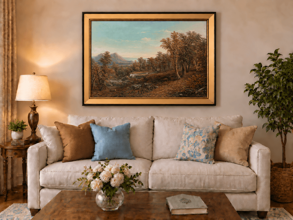 Hand-painted Autumn Forest Valley with Waterfall landscape oil painting displayed as wall art in a styled interior