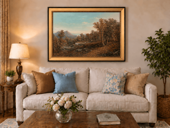 Hand-painted Autumn Forest Valley with Waterfall landscape oil painting displayed as wall art in a styled interior