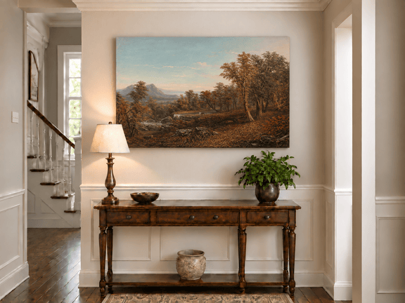 Hand-painted Autumn Forest Valley with Waterfall landscape oil painting displayed as wall art in a styled interior