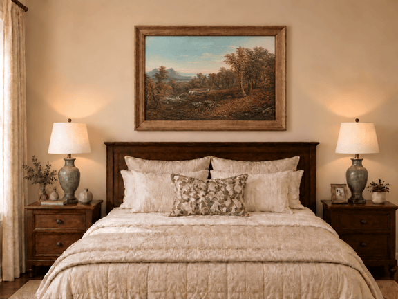 Hand-painted Autumn Forest Valley with Waterfall landscape oil painting displayed as wall art in a styled interior