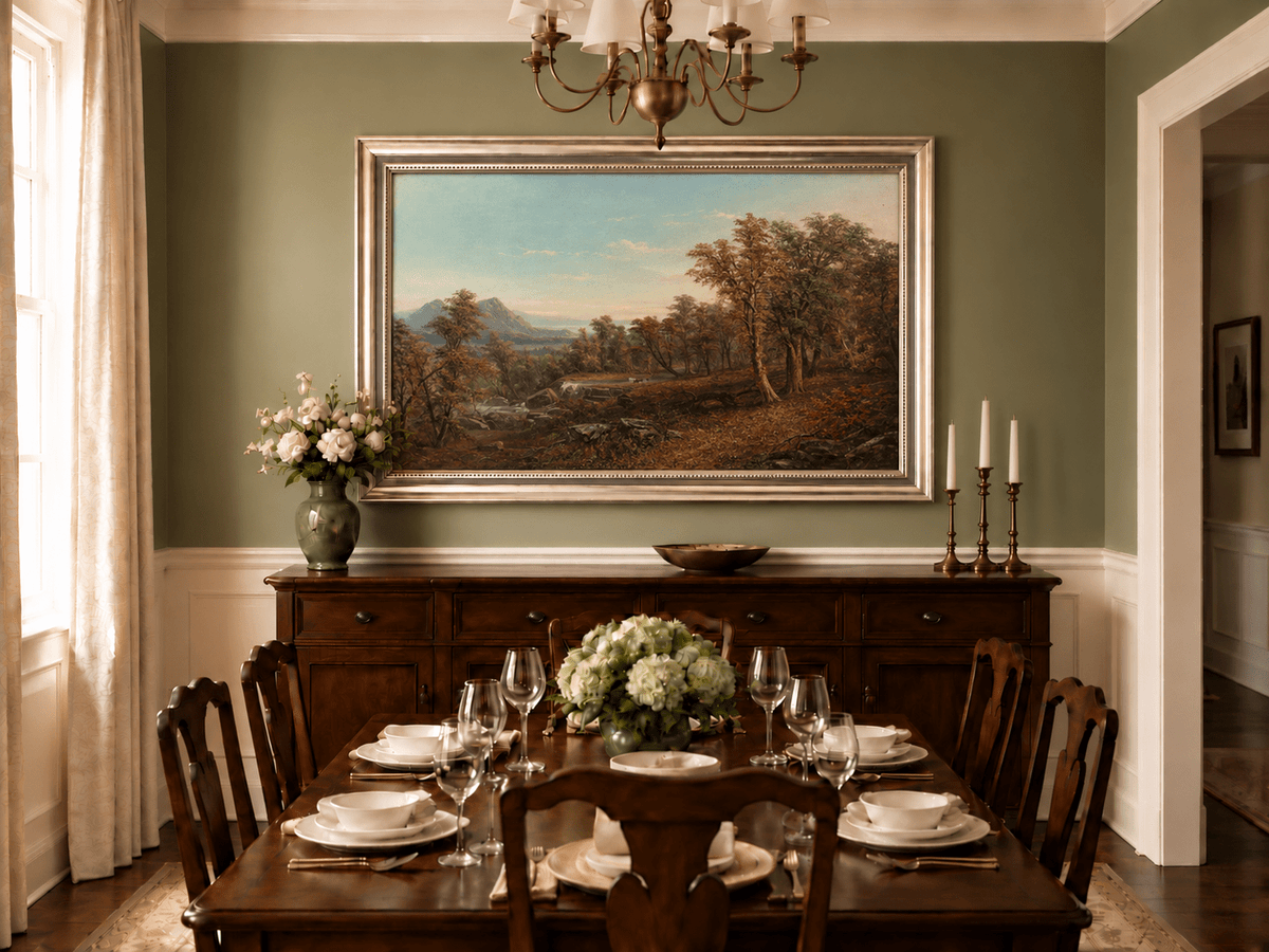 Hand-painted Autumn Forest Valley with Waterfall landscape oil painting displayed as wall art in a styled interior
