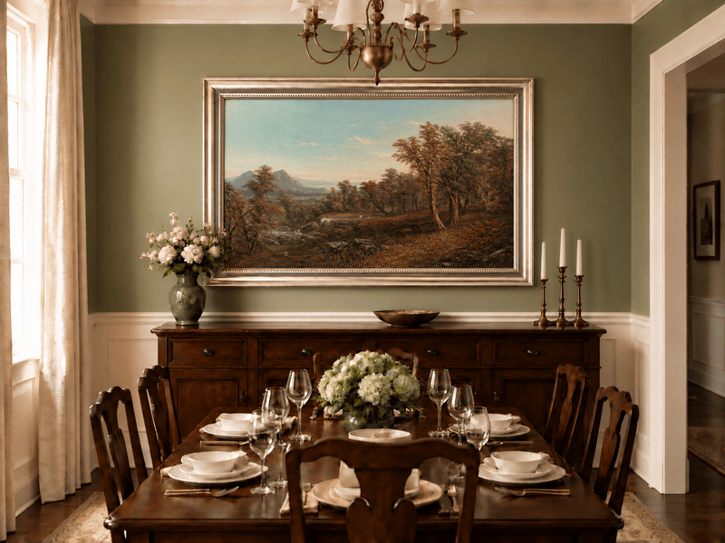Hand-painted Autumn Forest Valley with Waterfall landscape oil painting displayed as wall art in a styled interior