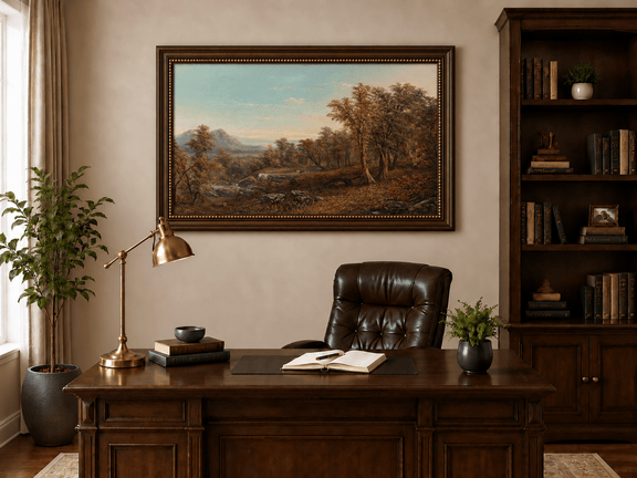 Hand-painted Autumn Forest Valley with Waterfall landscape oil painting displayed as wall art in a styled interior