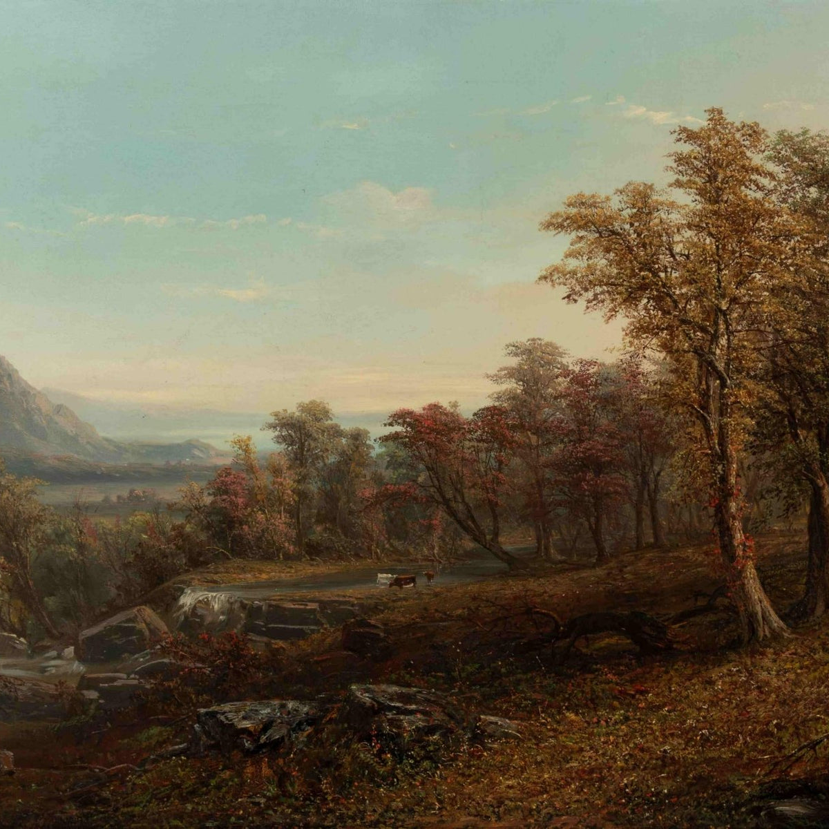 Hand-painted autumn forest valley with waterfall landscape oil painting on canvas