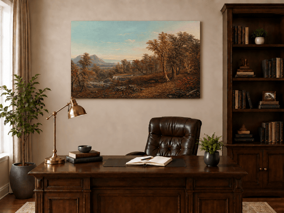 Hand-painted Autumn Forest Valley with Waterfall landscape oil painting displayed as wall art in a styled interior