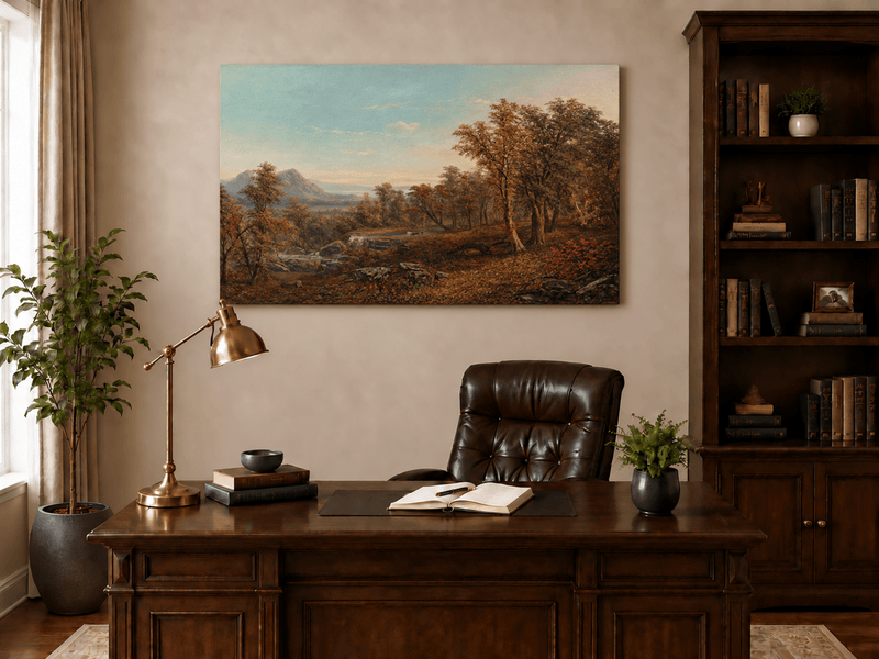 Hand-painted Autumn Forest Valley with Waterfall landscape oil painting displayed as wall art in a styled interior