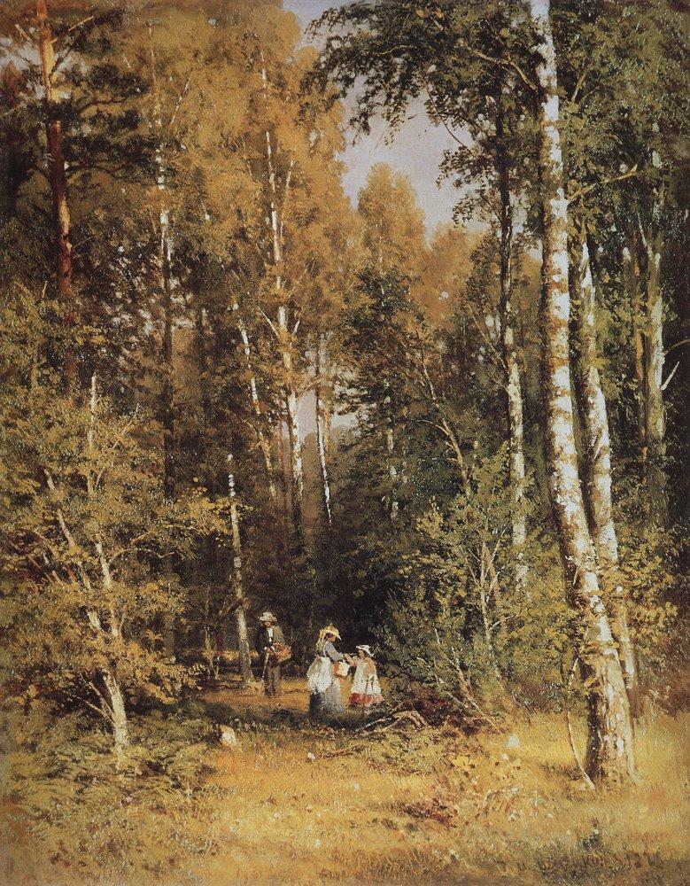 Hand-painted autumn forest walk with figures landscape oil painting on canvas