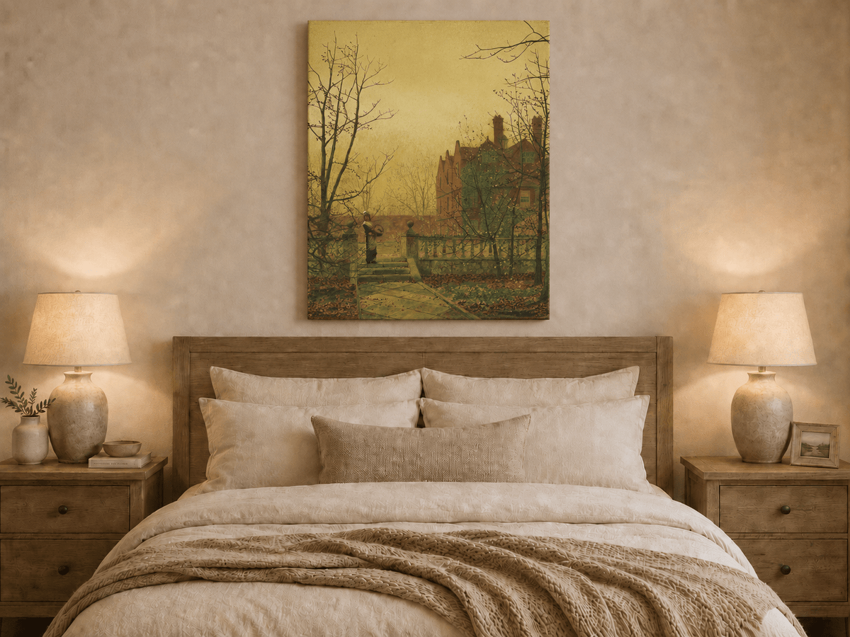Autumn garden and country house oil painting displayed as landscape wall decor.