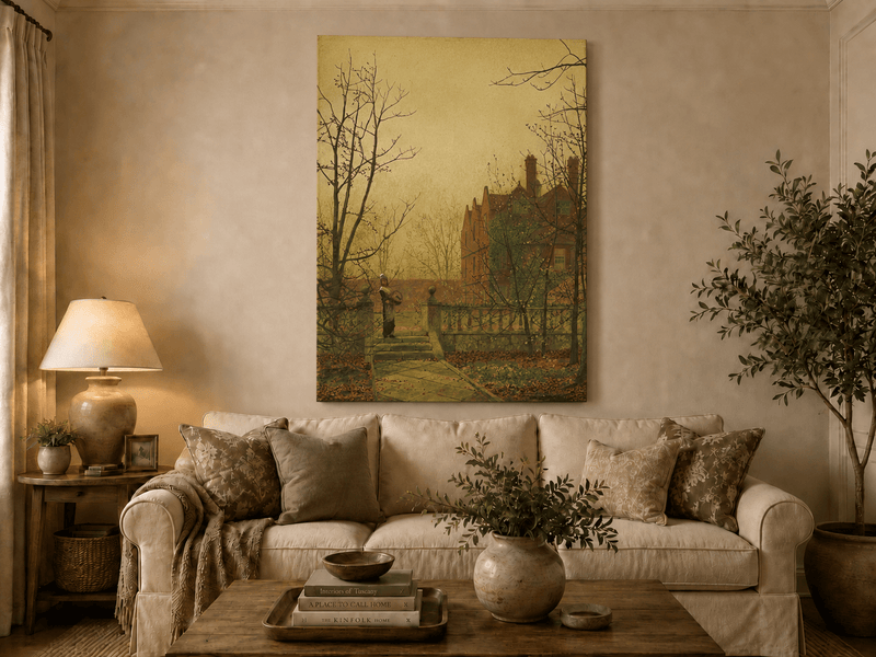 Autumn garden path hand-painted oil artwork displayed in a second interior view.