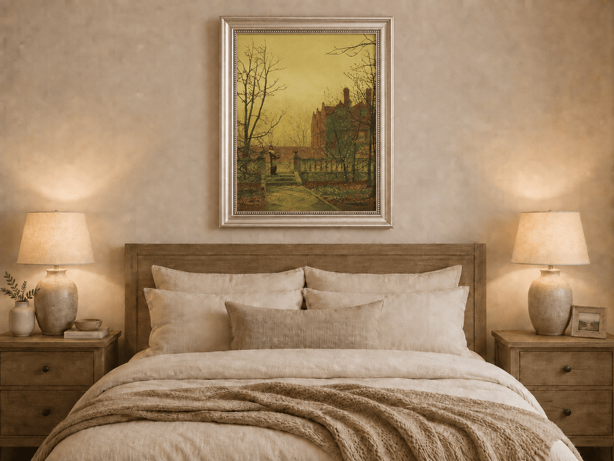 Hand-painted autumn garden path and country house displayed as decorative wall art.