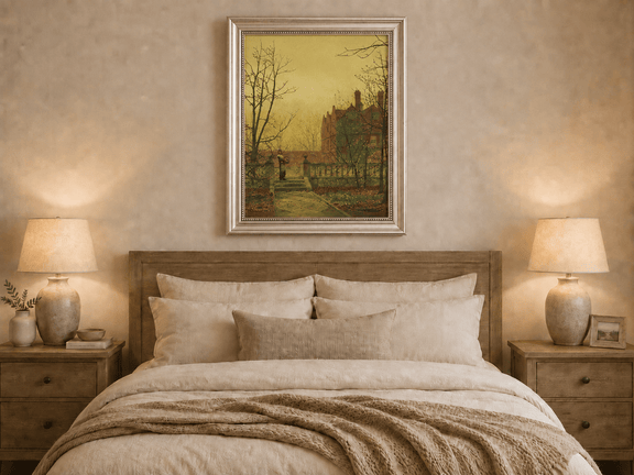 Hand-painted autumn garden path and country house displayed as decorative wall art.