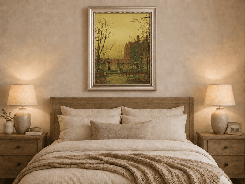 Hand-painted autumn garden path and country house displayed as decorative wall art.