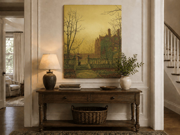 Country house and autumn garden landscape painting shown as decorative oil wall art.