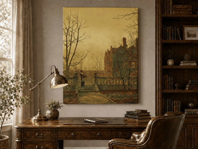 Interior wall art view featuring an autumn garden path and country house oil painting.