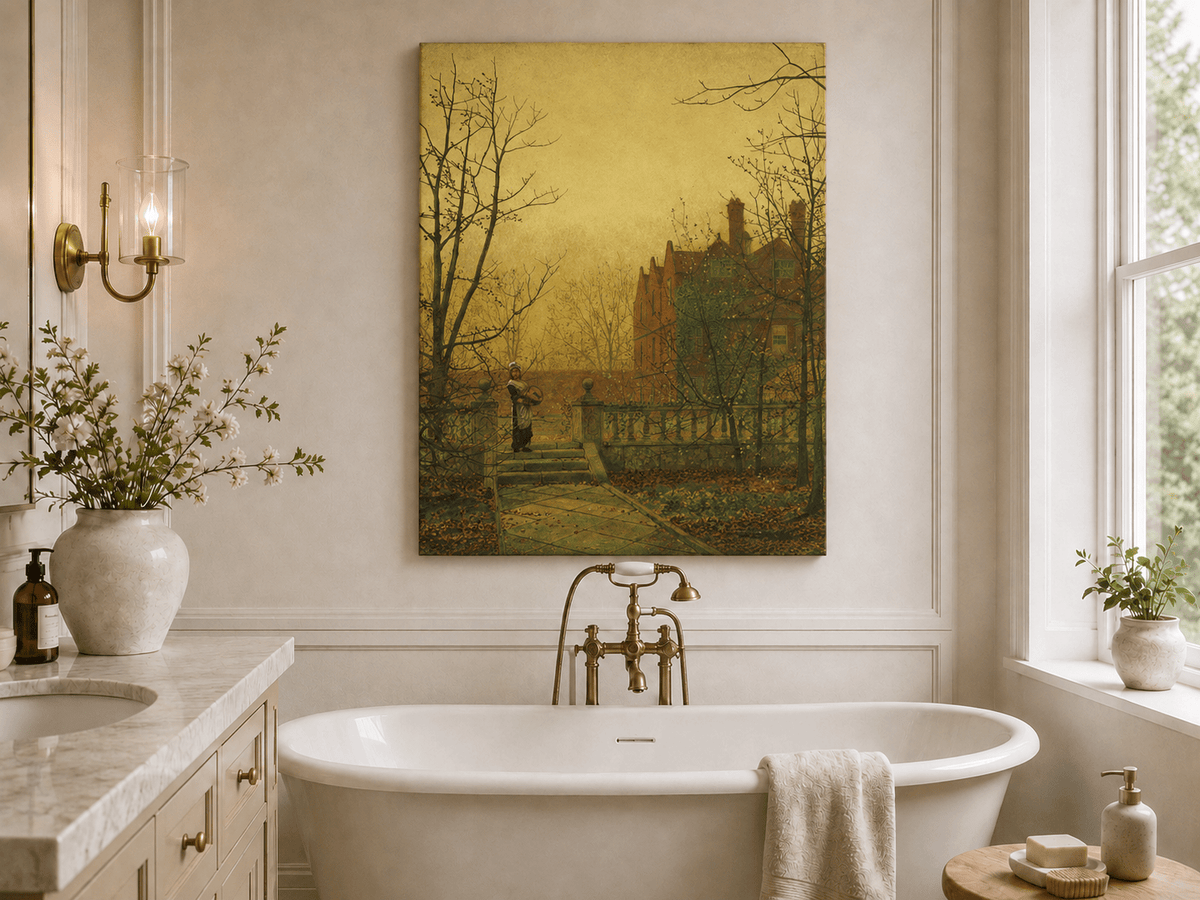 Autumn garden path and country house landscape oil painting presented as styled home decor.