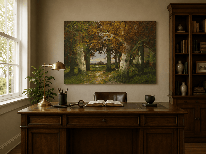Ölgemälde Landschaft – Herbsthain, hohe Bäume, Pfad &