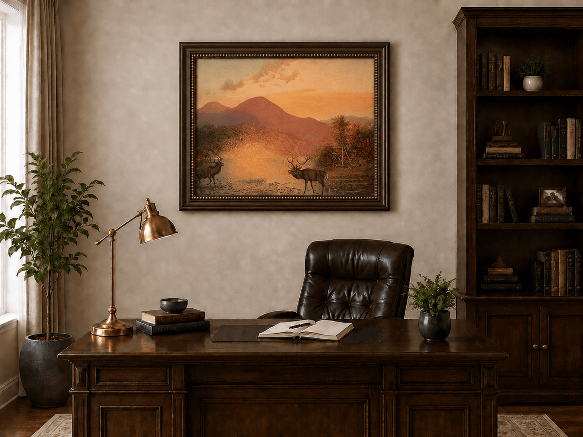 Landscape Oil Painting - Autumn Lake Deer & Mountain Sunset
