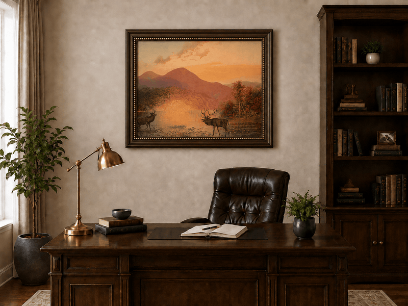 Landscape Oil Painting - Autumn Lake Deer & Mountain Sunset