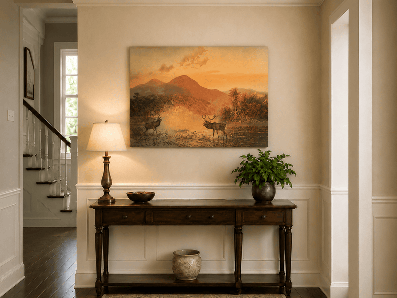 Landscape Oil Painting - Autumn Lake Deer & Mountain Sunset