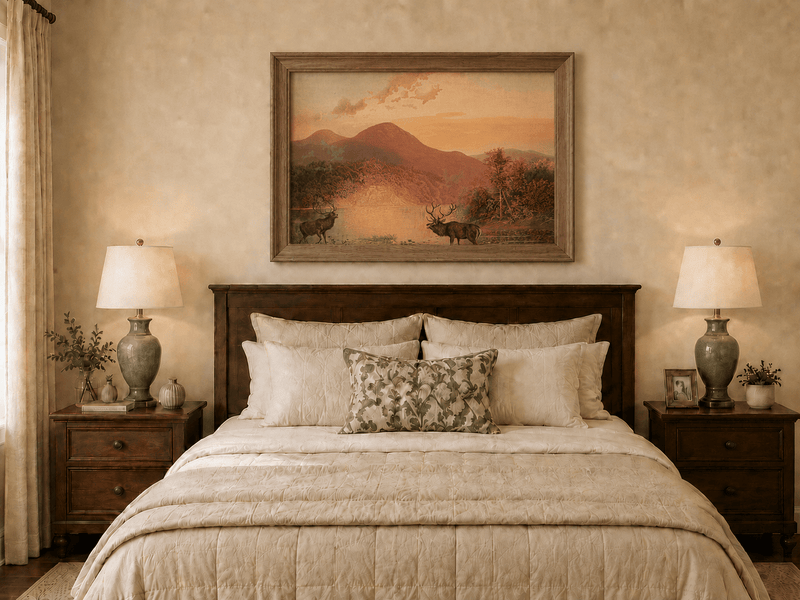 Landscape Oil Painting - Autumn Lake Deer & Mountain Sunset