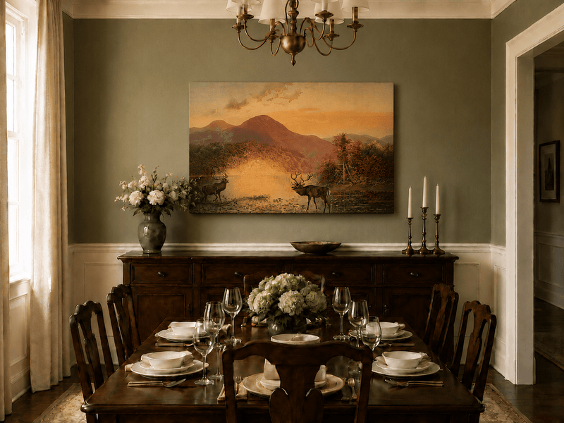 Landscape Oil Painting - Autumn Lake Deer & Mountain Sunset
